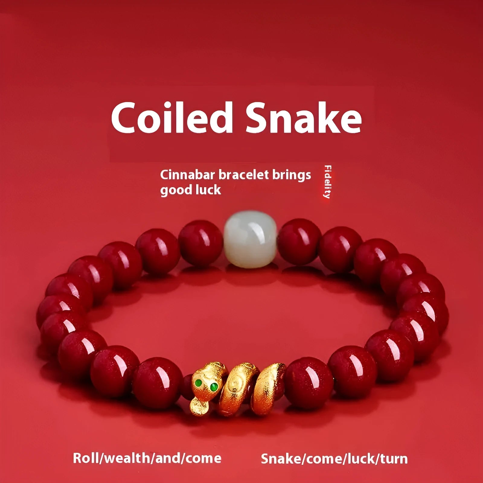 Handmade Chinese zodiac snake bracelet in cinnabar with 6mm and 8mm size options