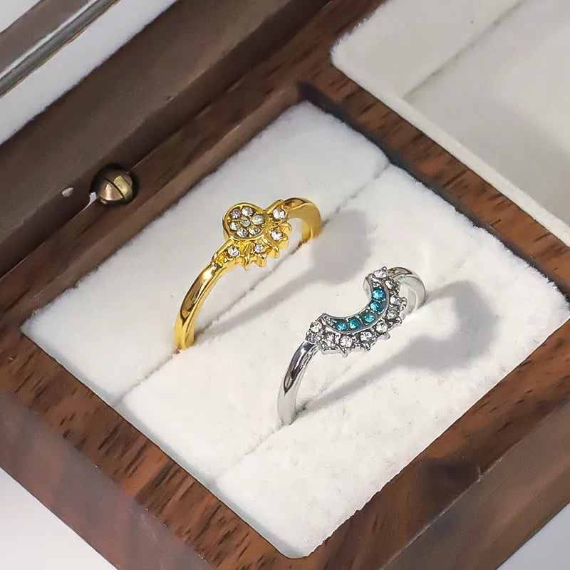 Sun and Moon diamond-studded couple ring set in alloy with geometric shape