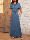 Women's lapel dress cardigan with button belt, high waist, long skirt, short sleeves, blue and apricot, S-XXL