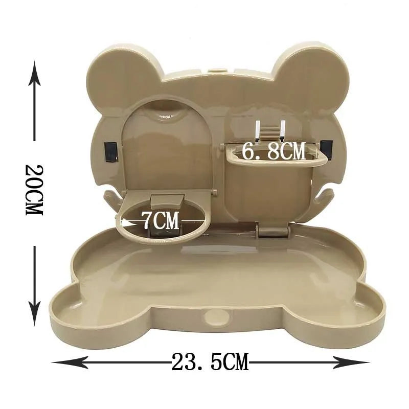 Child car seat table tray in white PP with side hooks, 20 by 23.5 cm, for drinks and snacks