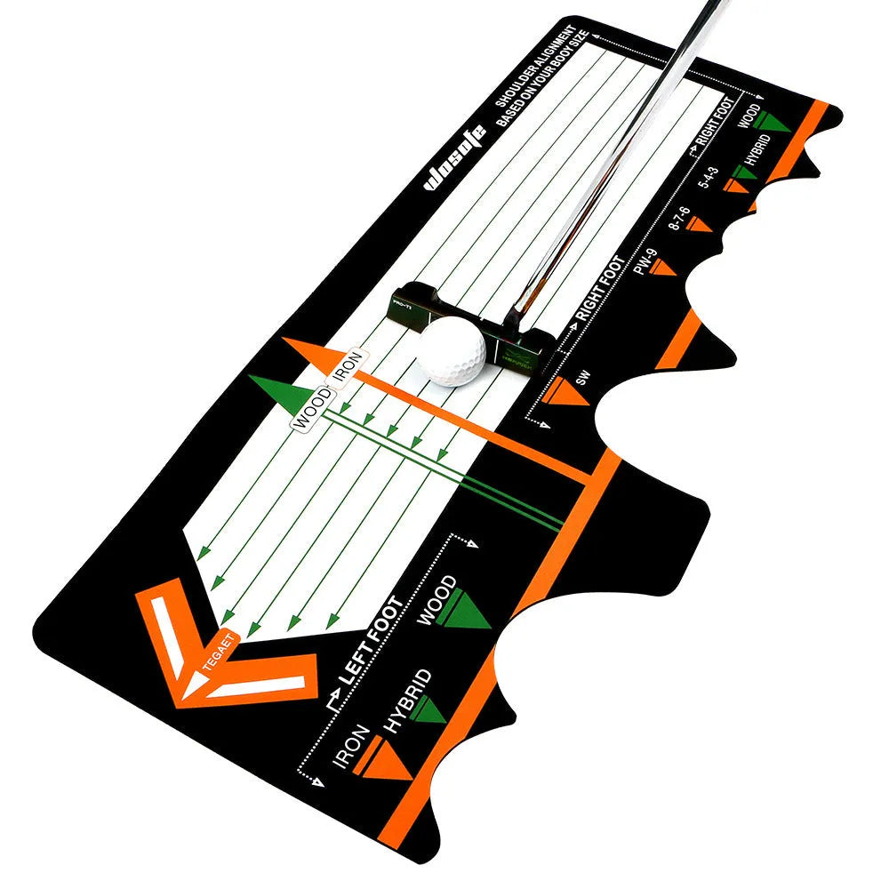 Black neoprene golf swing stance correction training pad on grass
