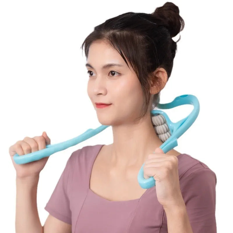 Blue six-wheel manual neck and shoulder massager with adjustable intensity settings on a white background