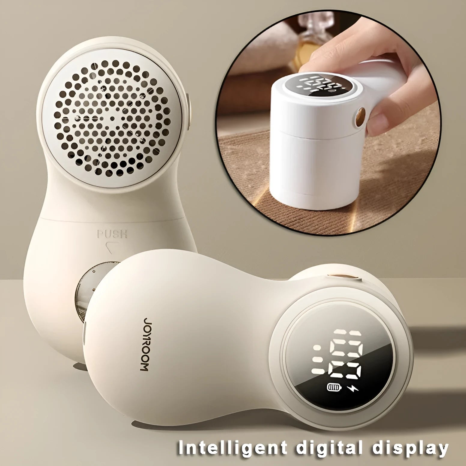 White electric lint remover with LED display and USB charging port for fabric hairball removal
