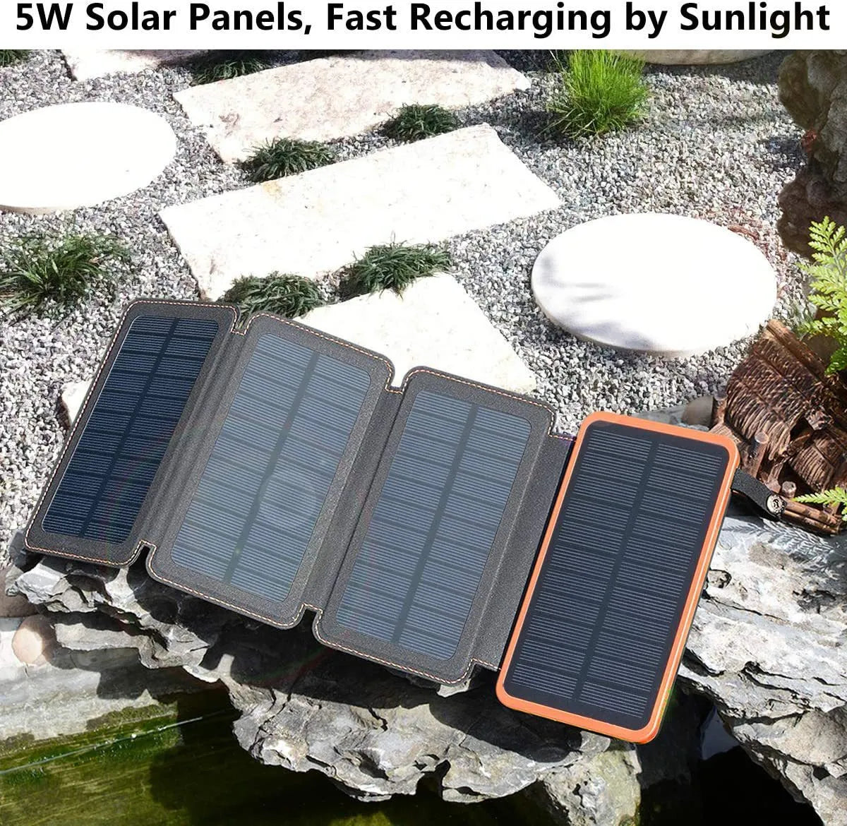 Black outdoor solar power bank with a solar panel, LED light, and soft leather finish, shown with a charging cable.