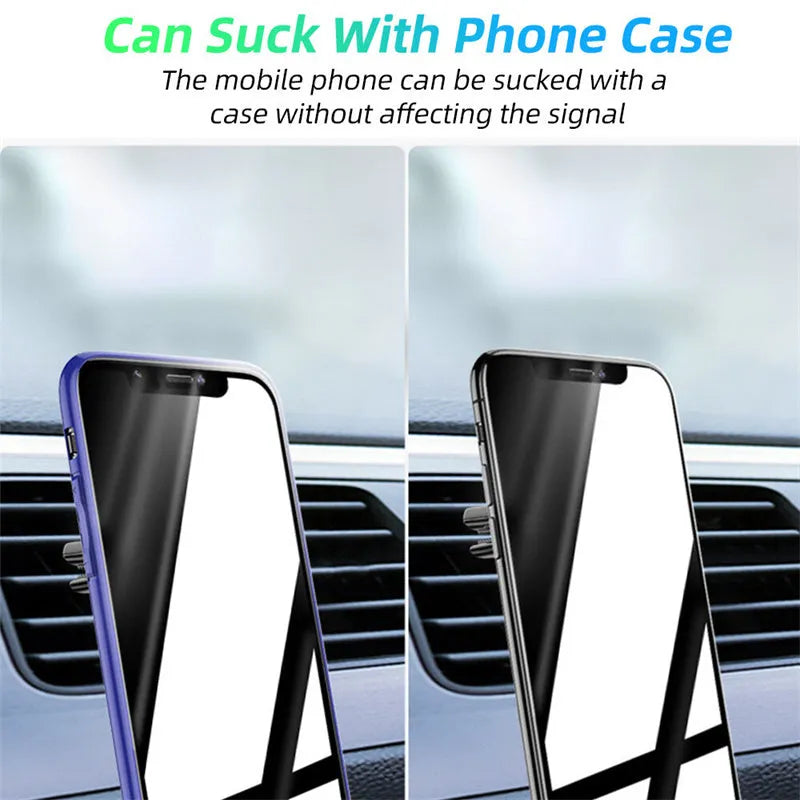 Black magnetic phone holder clipped onto a car air vent, showing phone attached and 360-degree rotation.