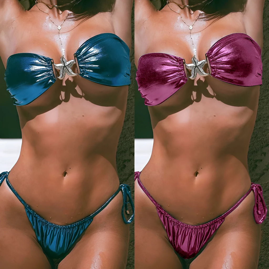 Glossy gold starfish print tube top split bikini for women in sapphire blue.