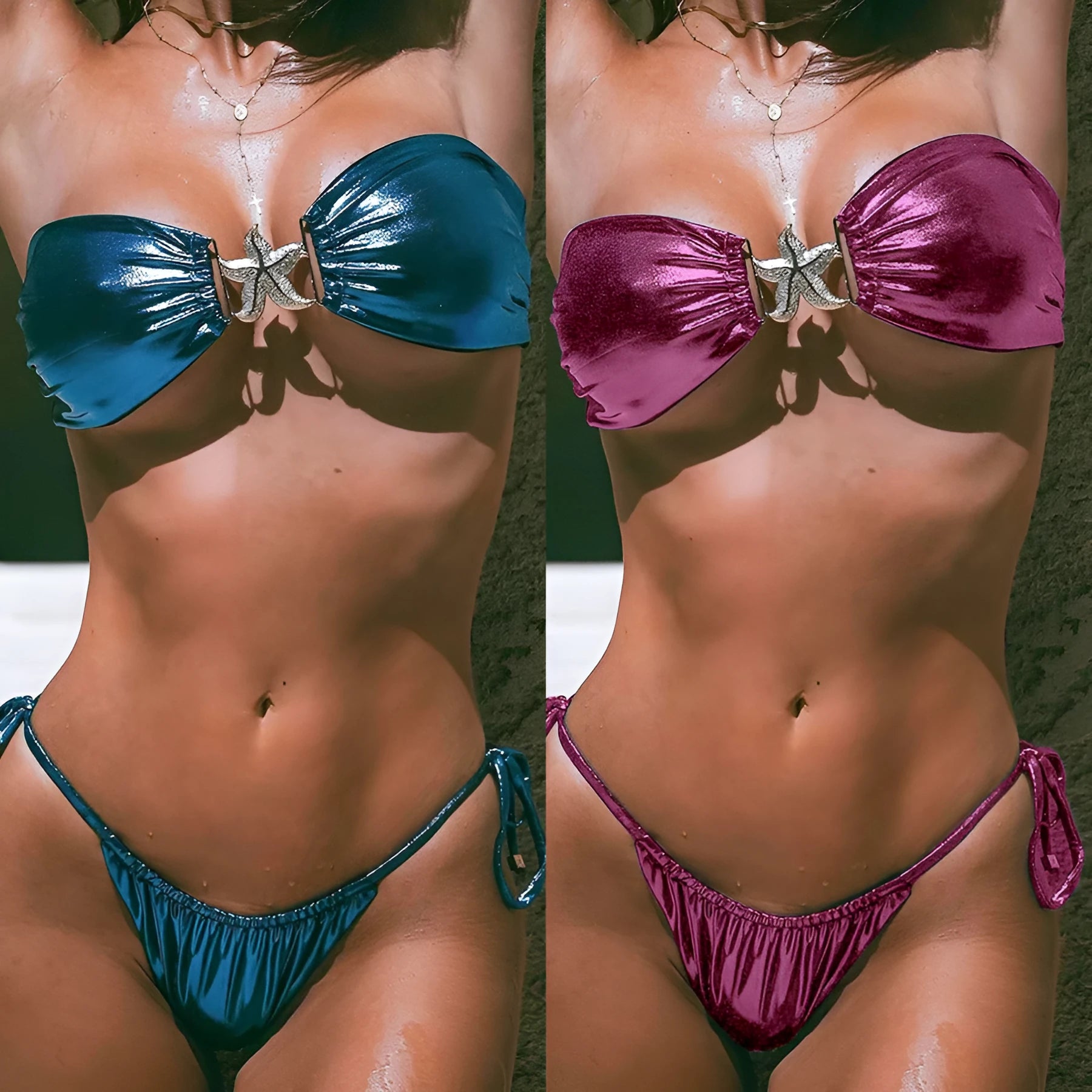 Glossy gold starfish print tube top split bikini for women in sapphire blue.