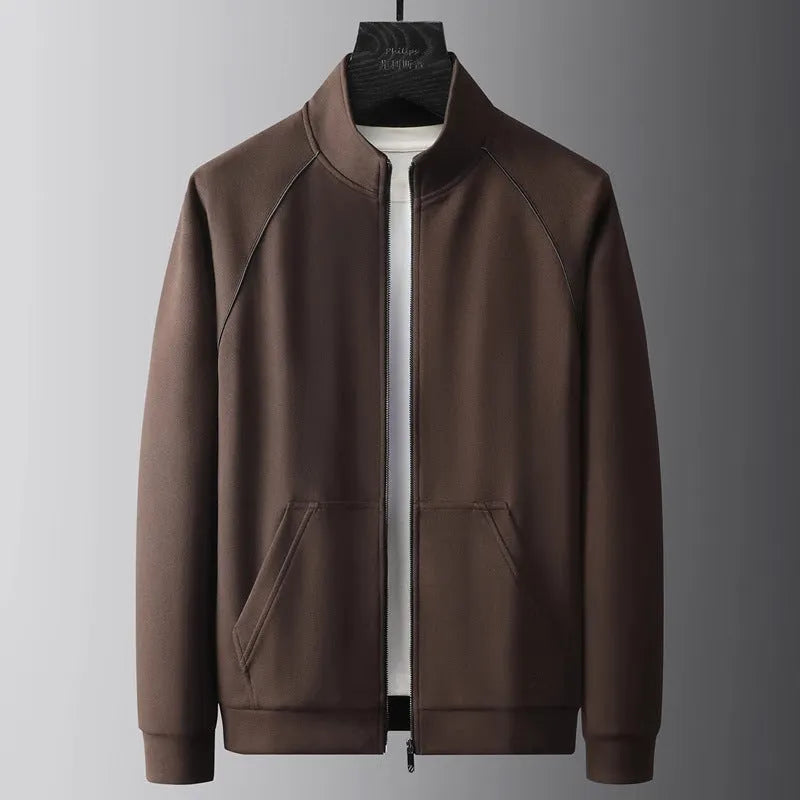 Slim fit stand collar casual sports suit set in black, black velvet, or coffee colour.
