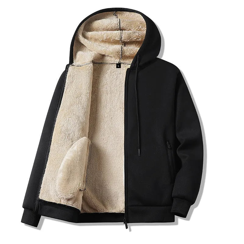 Men's black hooded jacket and matching trousers set with wool lining for autumn sports