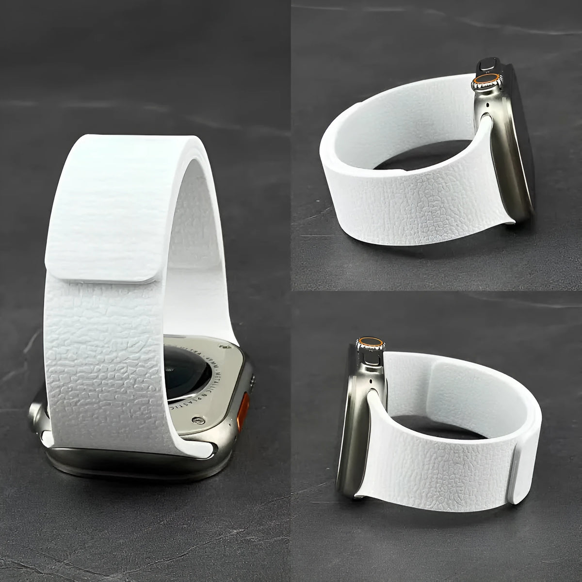 Magnetic silicone Apple Watch strap with litchi pattern, shown in orange, sizes 38-49mm