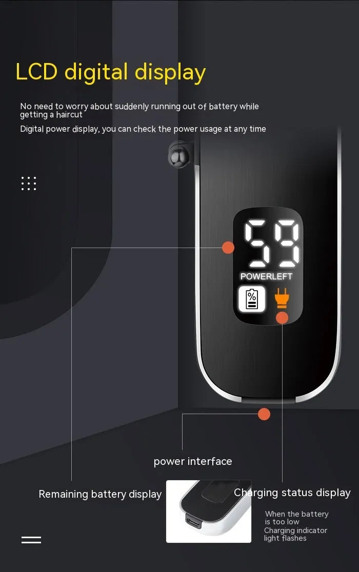 USB rechargeable electric hair clipper with digital display and double cutter head including T-shaped blade and carving cutter