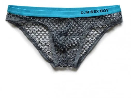 Men's large mesh briefs in rose red with personalised text on the waistband.