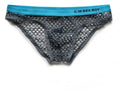 Men's large mesh briefs in rose red with personalised text on the waistband.