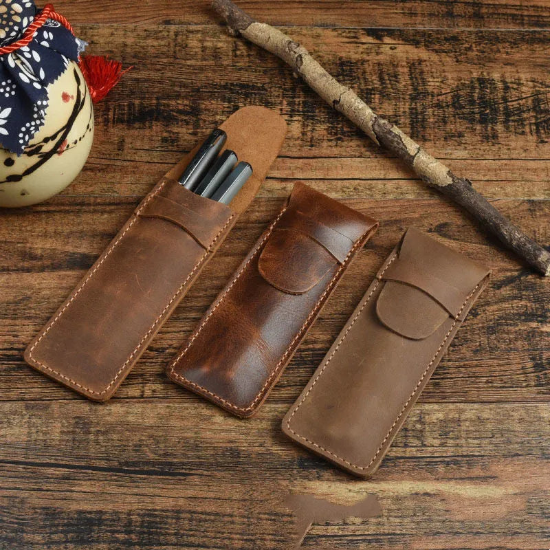 Square vintage leather pencil case showing retro crazy horse texture and 16cm by 6cm dimensions