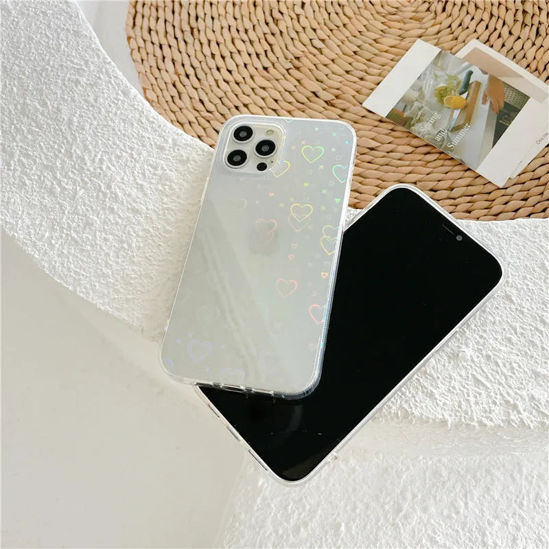 Laser colourful love pattern on a transparent silicone iPhone case for iPhone 13 Pro.