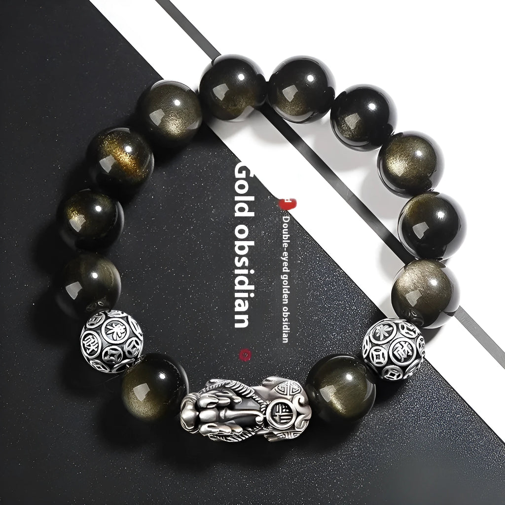 Men's geometric bracelet made of genuine black obsidian stone and polished 999 sterling silver components.