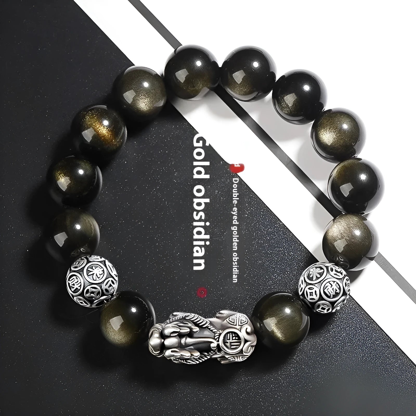 Men's geometric bracelet made of genuine black obsidian stone and polished 999 sterling silver components.