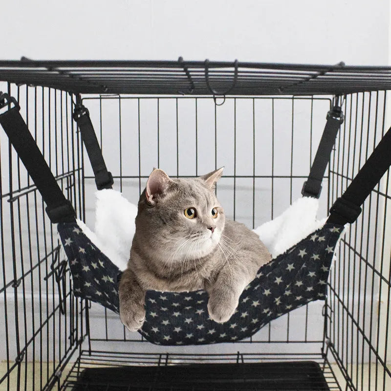 Cloth hanging cat bed with adjustable straps in a pet cage, available in sizes 27x27cm to 57x47cm and multiple patterns