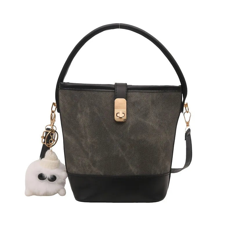 Retro contrast color crossbody bucket bag for women in PU material with three-dimensional pocket, 15.5x19x10cm