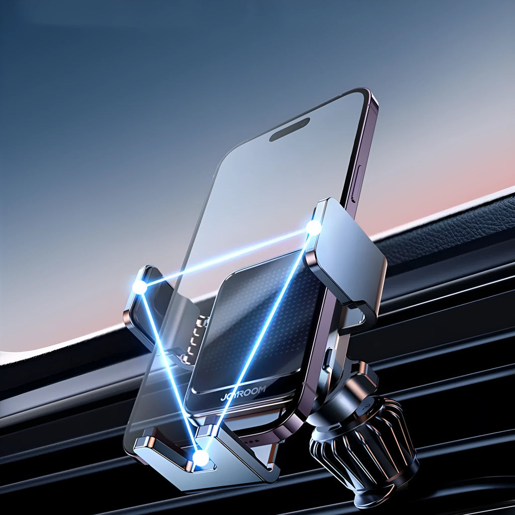 Black car wireless charging bracket mounted on air vent with automatic opening mechanism