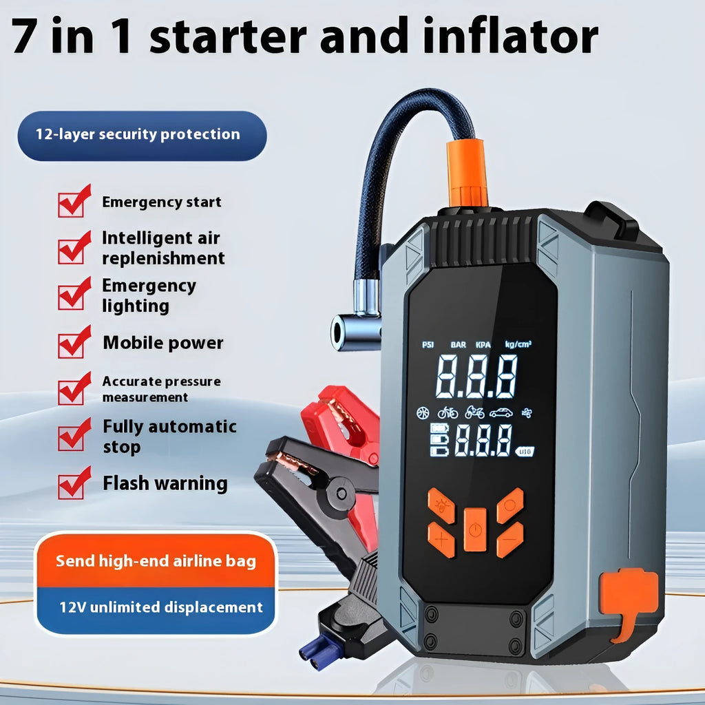 Car wireless inflatable start power all-in-one machine ABS 14.8V with hose, adapters, and digital display