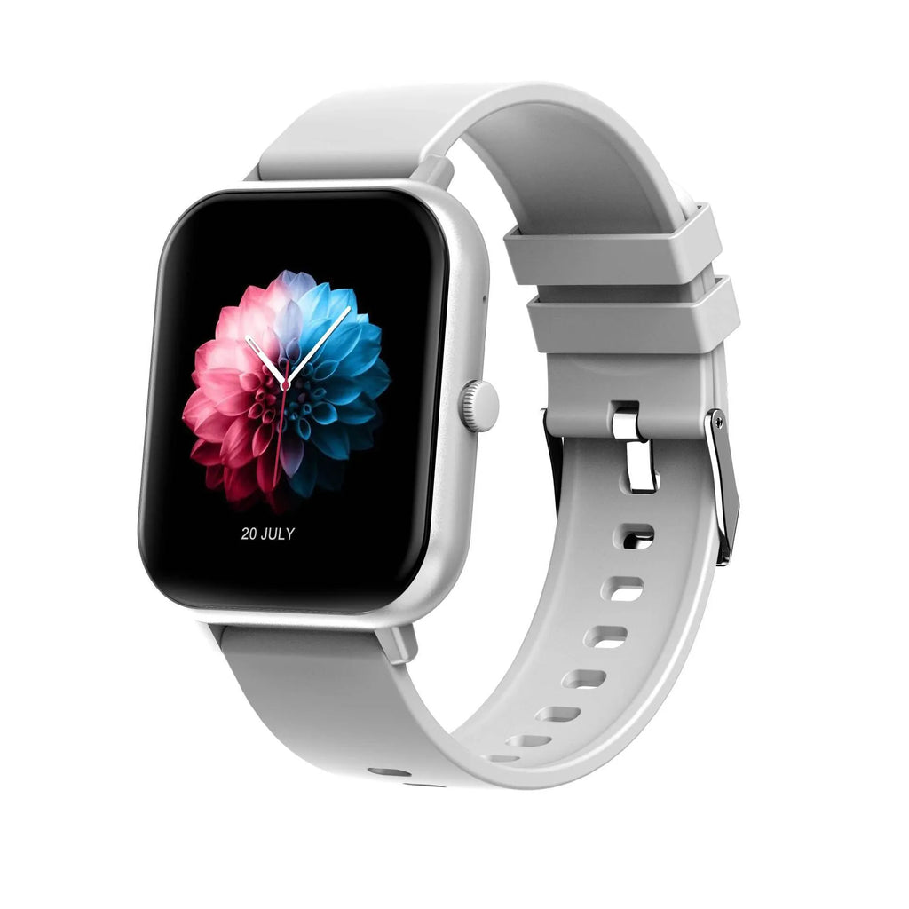 Bluetooth smart watch with heart rate monitor on wrist in black, silver grey, and pink colour options.