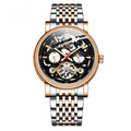 Men's waterproof mechanical watch with tourbillon and luminous dial on wrist, shown in rose black metal finish.
