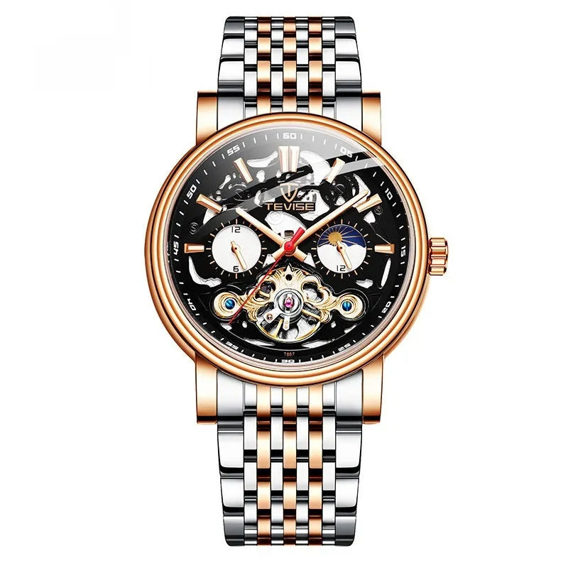 Men's waterproof mechanical watch with tourbillon and luminous dial on wrist, shown in rose black metal finish.