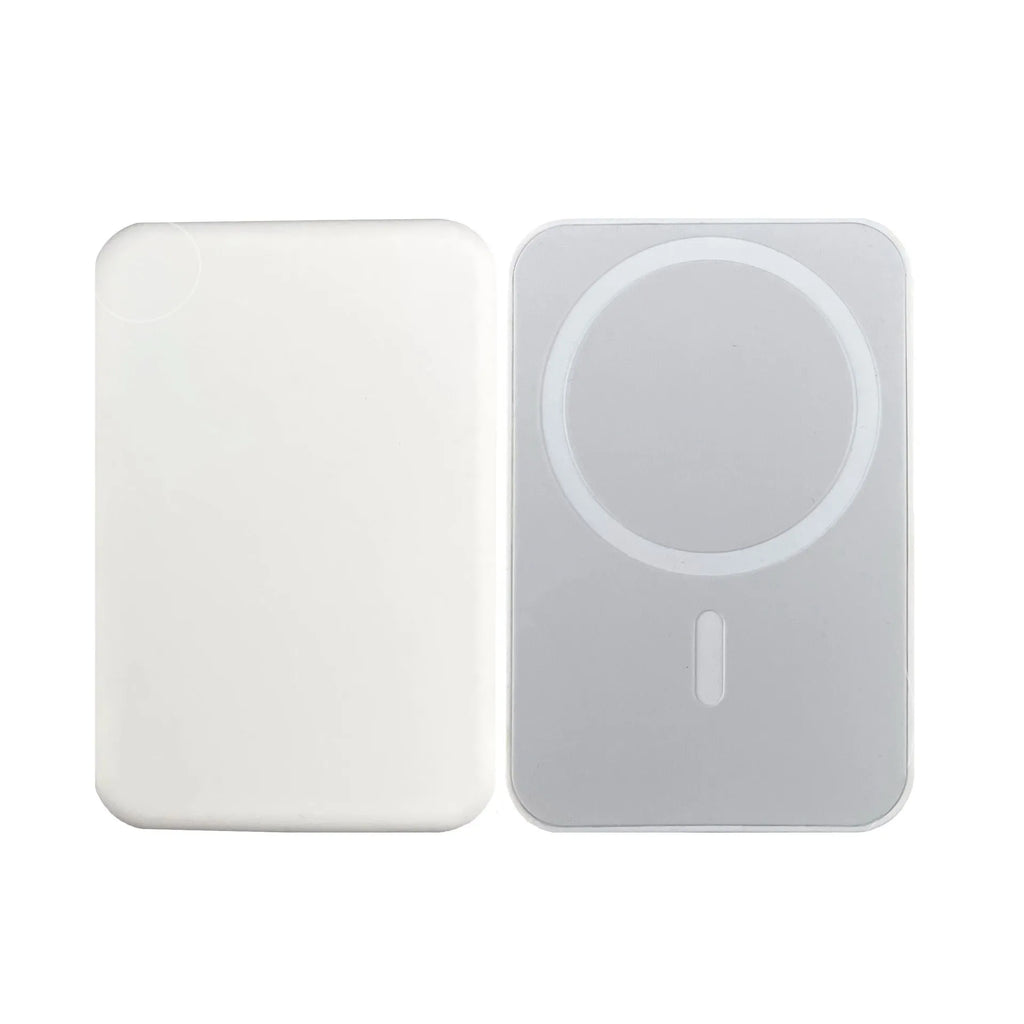 White magnetic wireless power bank showing compact 100x65x16mm dimensions with wireless charging surface