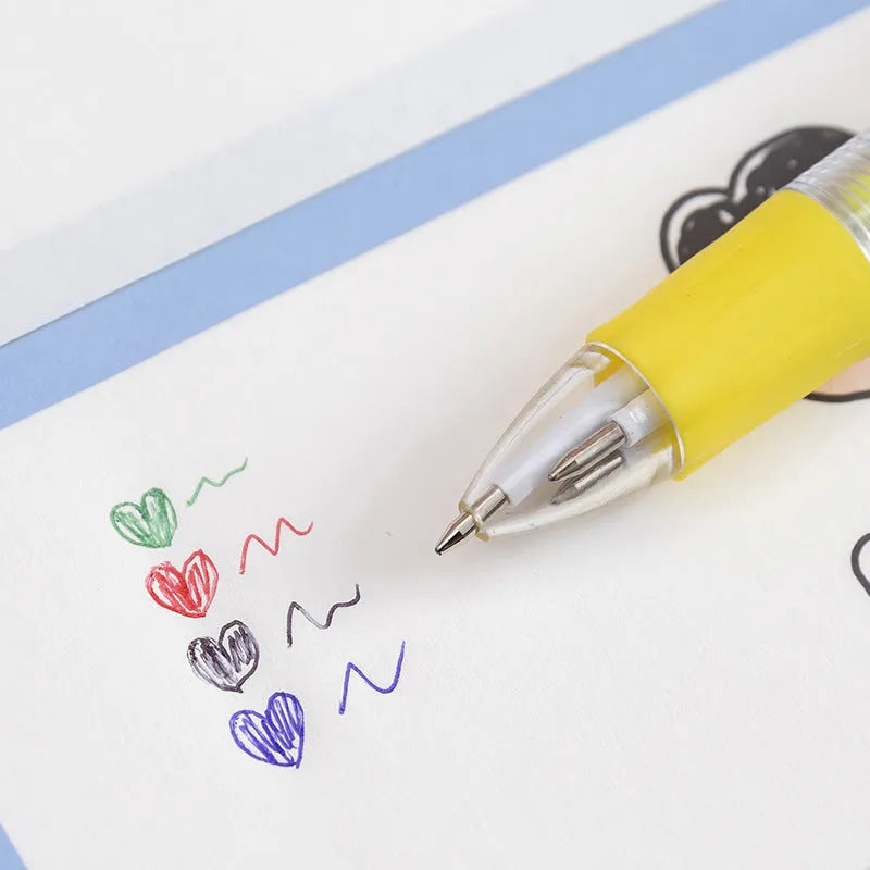 A four-colour press ballpoint pen with a random themed design on a plastic and silicone body.