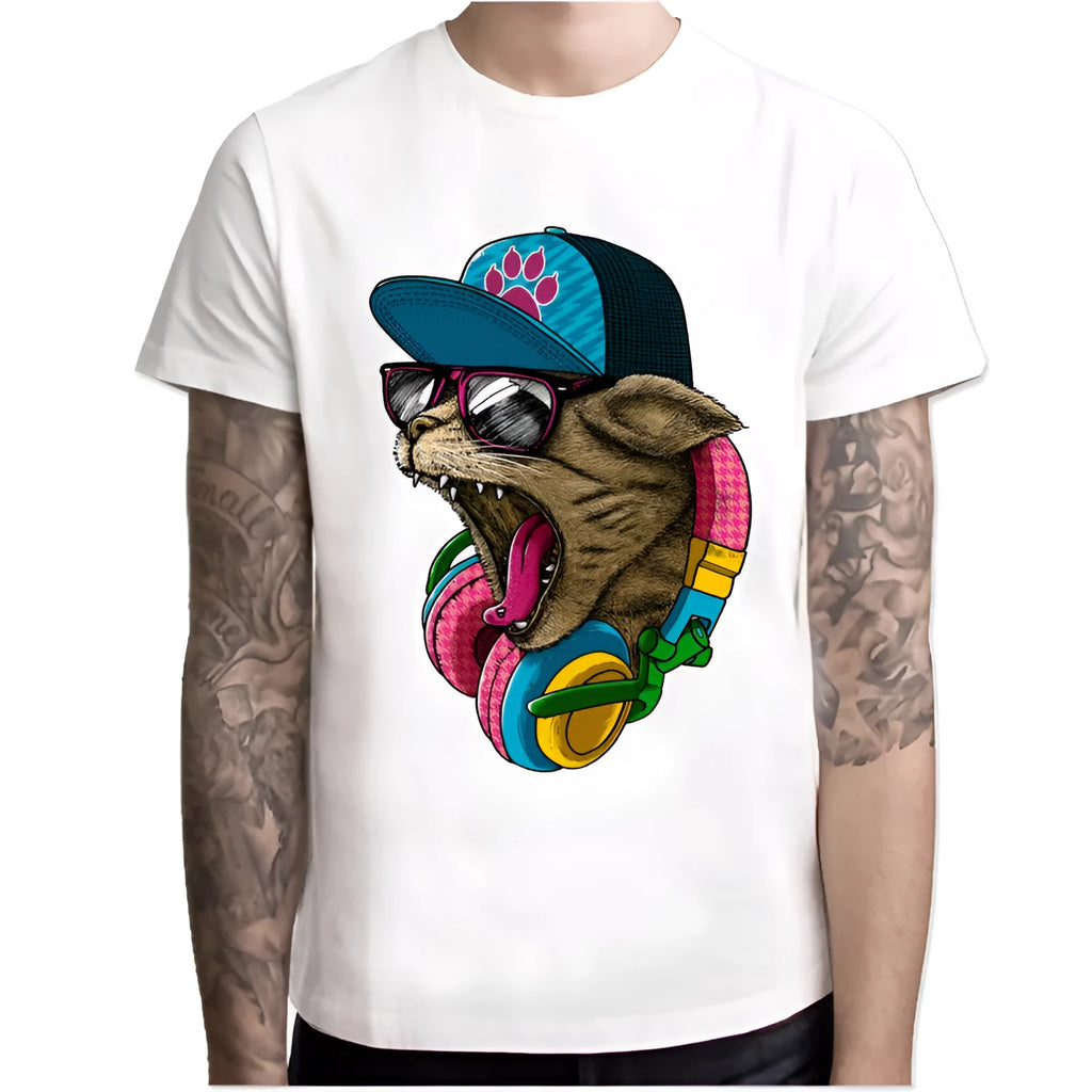 White men's short sleeve t-shirt with crazy DJ cat print, round neck, polyester, sizes XS to 4XL