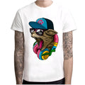 White men's short sleeve t-shirt with crazy DJ cat print, round neck, polyester, sizes XS to 4XL