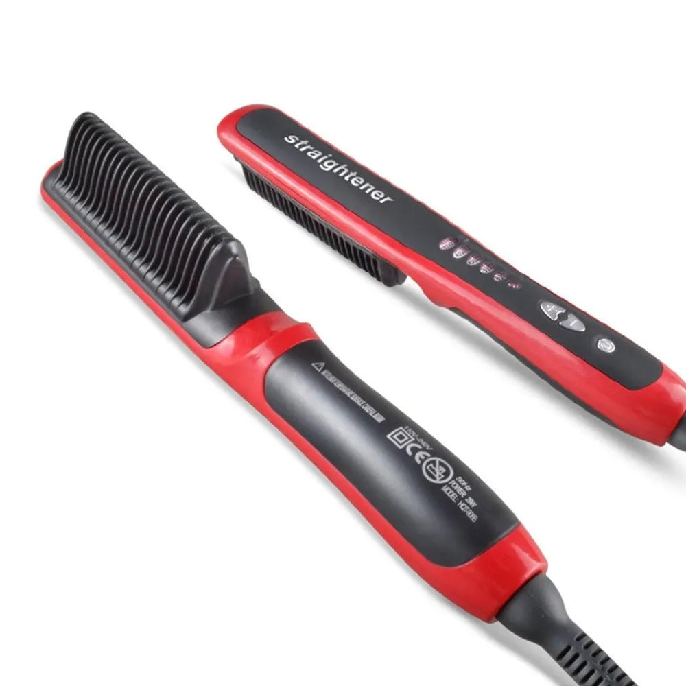 Straight hair comb with ceramic heated brush and ion technology in black and red