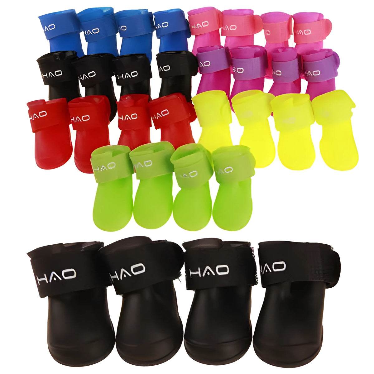 Candy pet rain boots in resin PVC, waterproof non-slip dog shoes, cartoon style, seven colours, sizes S to XXL