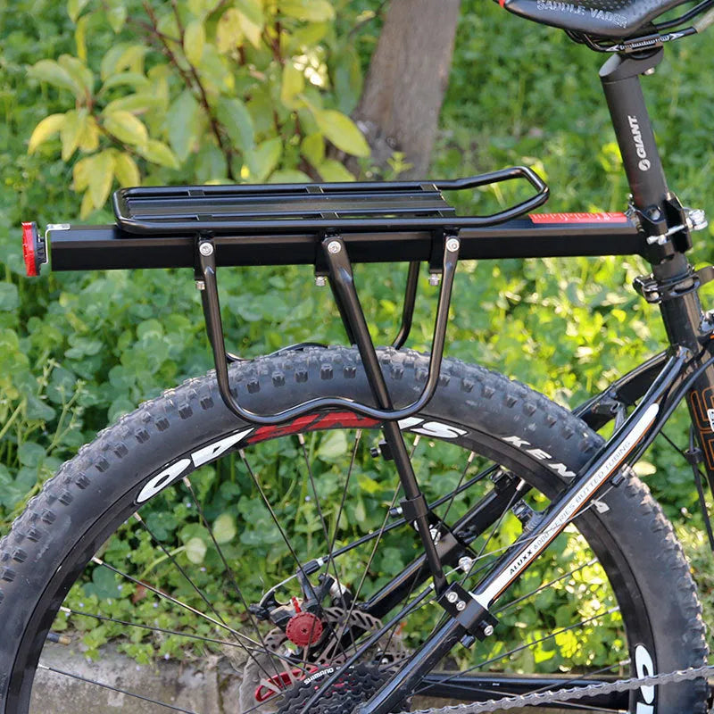 Black aluminium bicycle quick release shelf attached to seatpost with hex screws, adjustable for 20-29 inch bikes