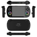 RG40XXH retro handheld game console in black connecting to TV with wireless handle