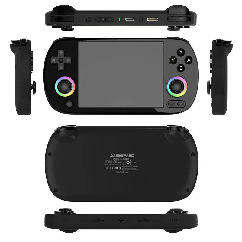 RG40XXH retro handheld game console in black connecting to TV with wireless handle