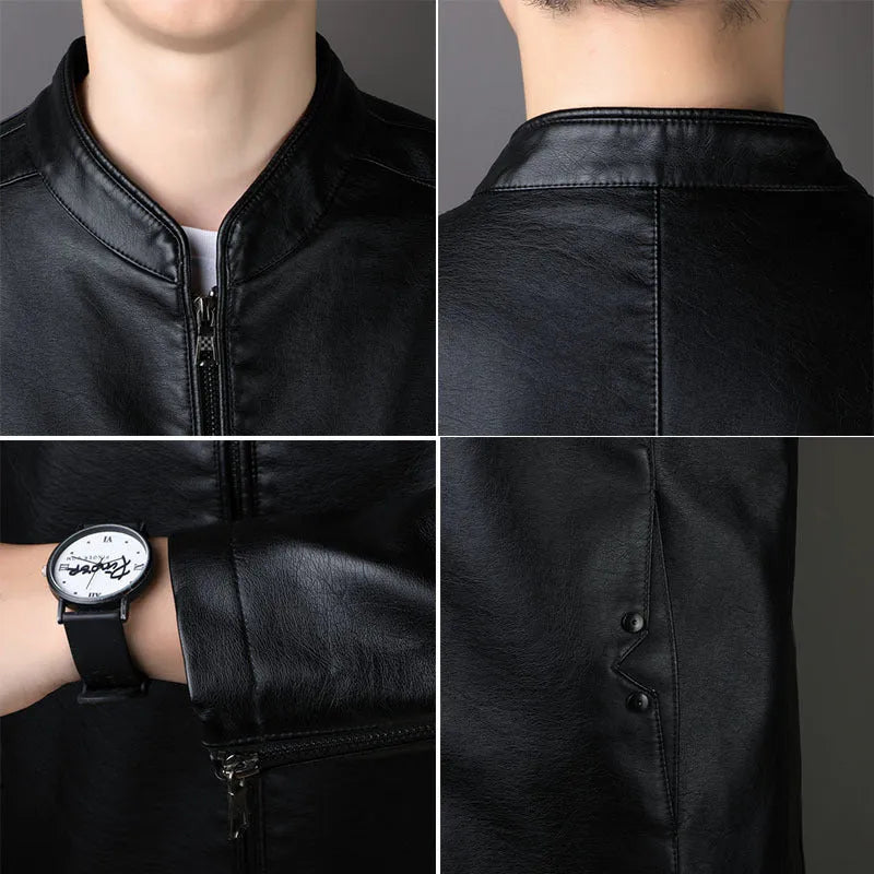 Men's PU leather jacket loose fit medium length 65cm black colour front view