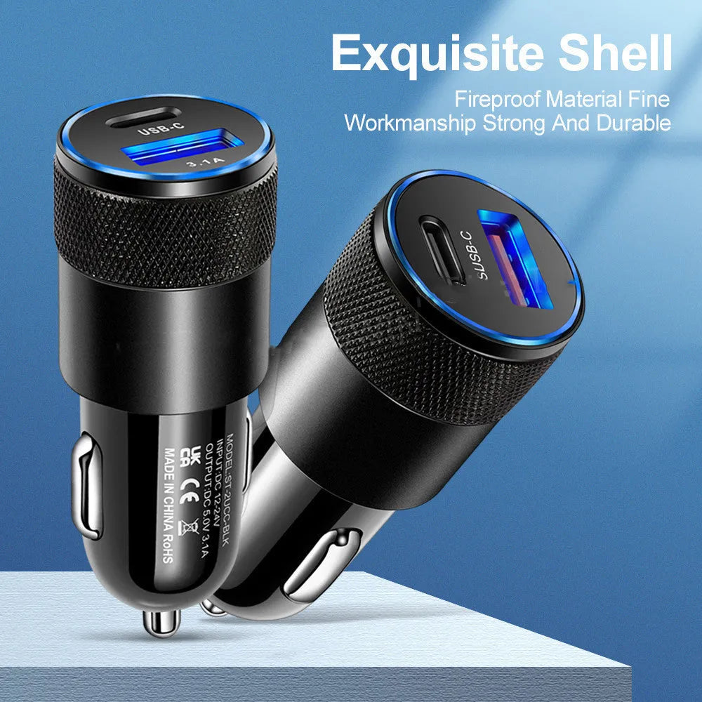 Aluminium alloy mobile phone car charger showing compact 2.5x6cm design