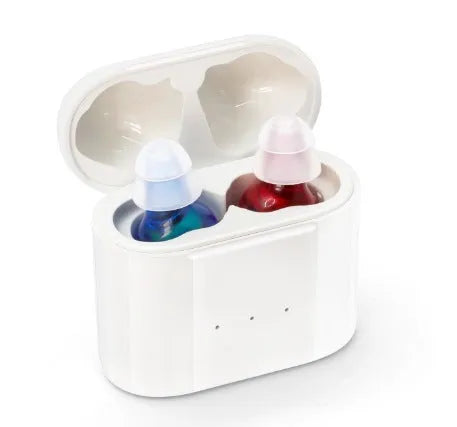 TWS G19 sound amplifier in Red Blue colour with charging silo, silicone ear tips, wireless charging action.