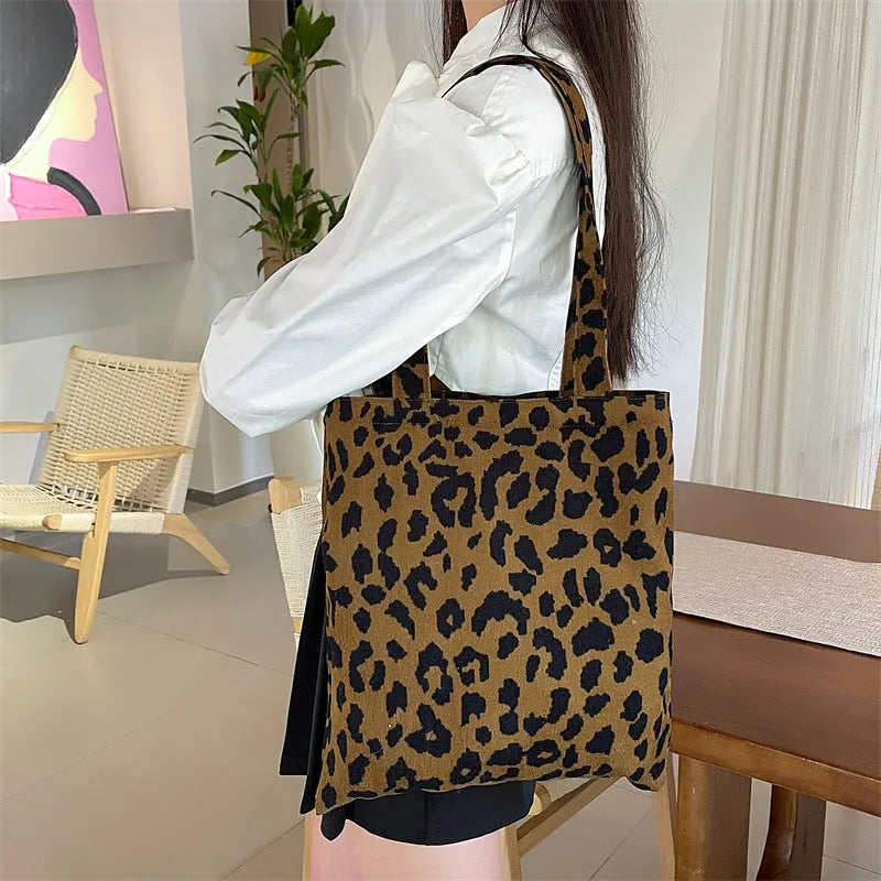 Retro corduroy leopard print shoulder bag with soft vertical square shape and open outer pocket