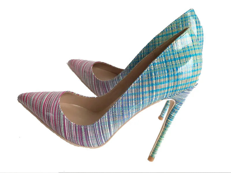 Pink to blue gradient patent leather ladies high heel shoe with pointed toe on a white background