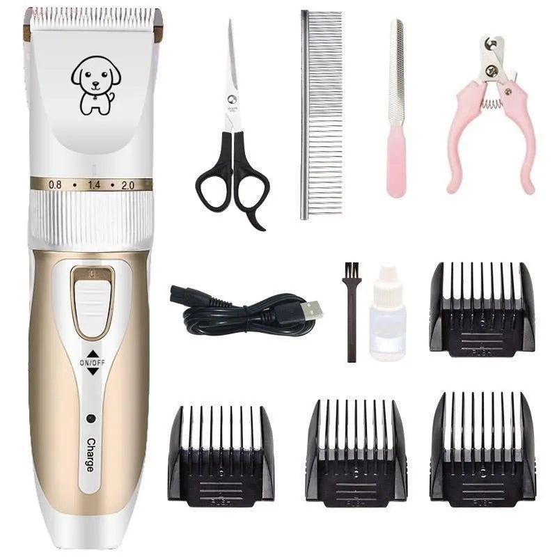 White pet electric clipper with ceramic blade, four combs, brush, and USB cable for dog grooming