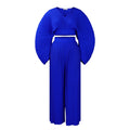 African suit two-piece set with batwing sleeve top and wide leg trousers in red or blue.