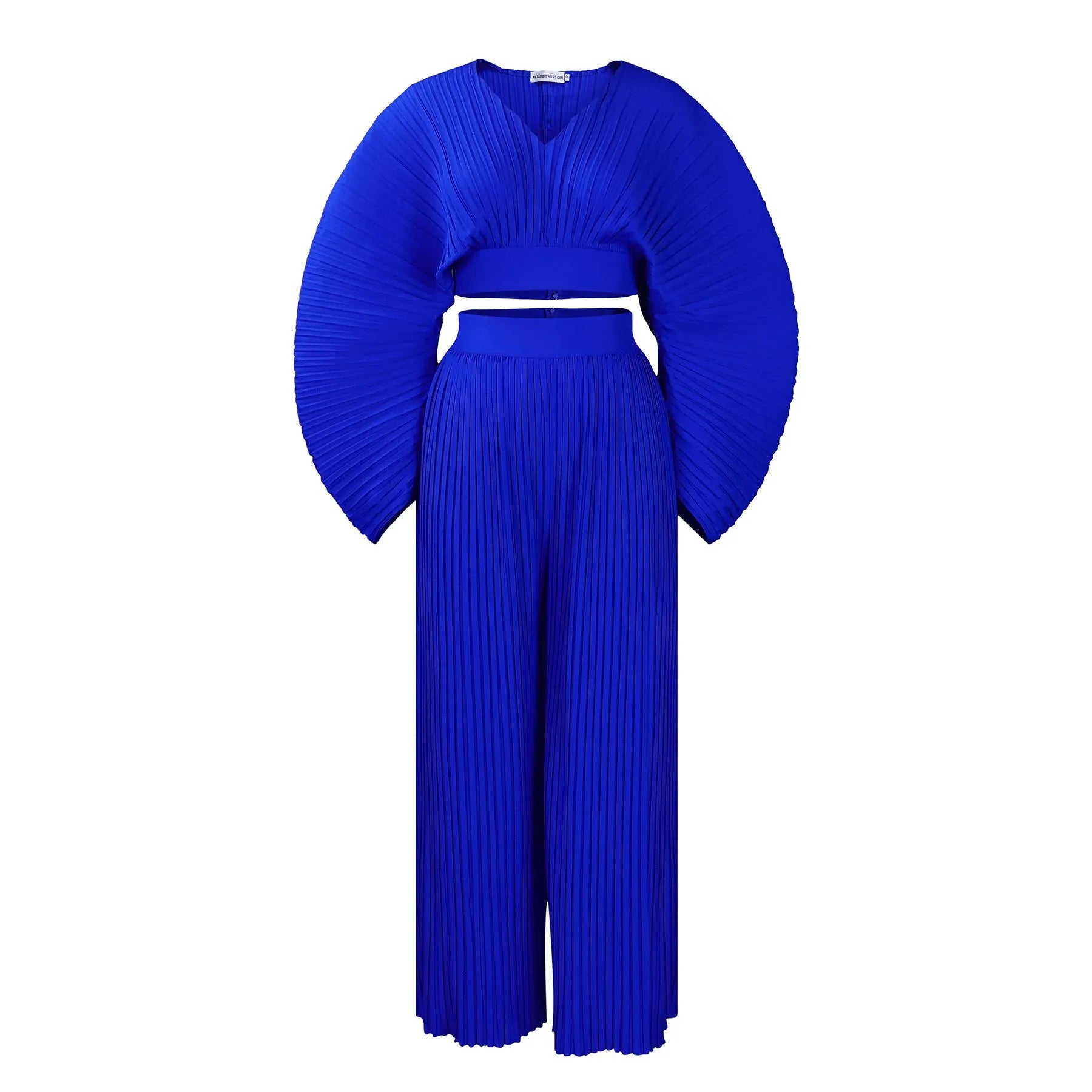 African suit two-piece set with batwing sleeve top and wide leg trousers in red or blue.