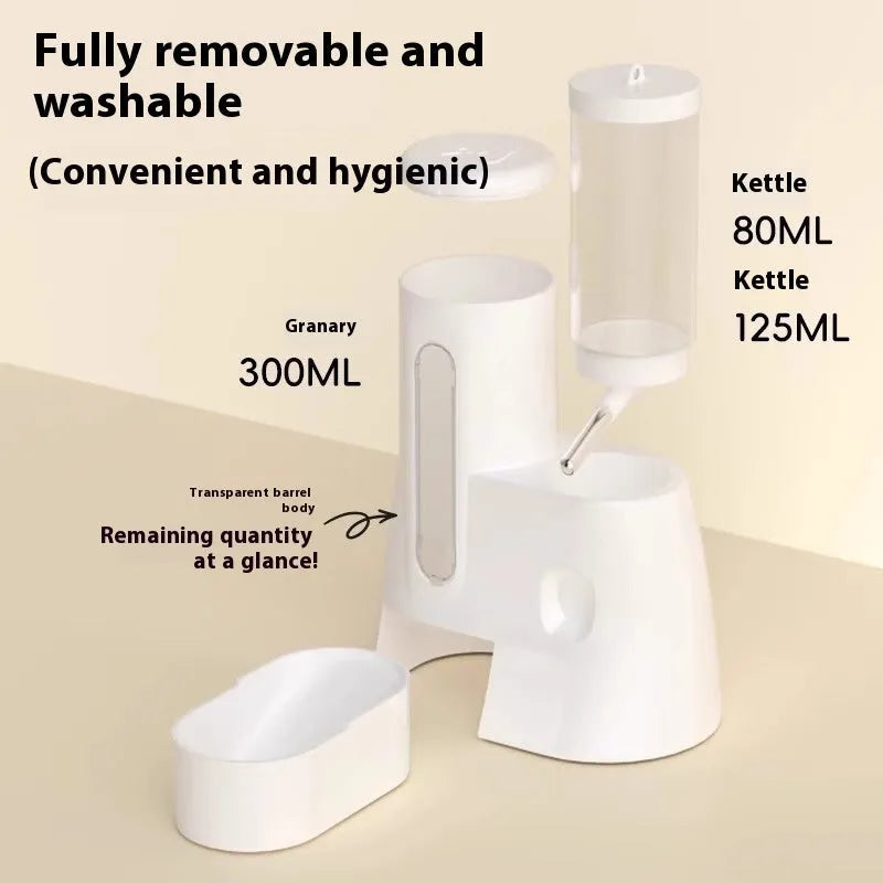 White, blue, and pink hamster automatic water feeder and food basin for Djungarian hamsters.