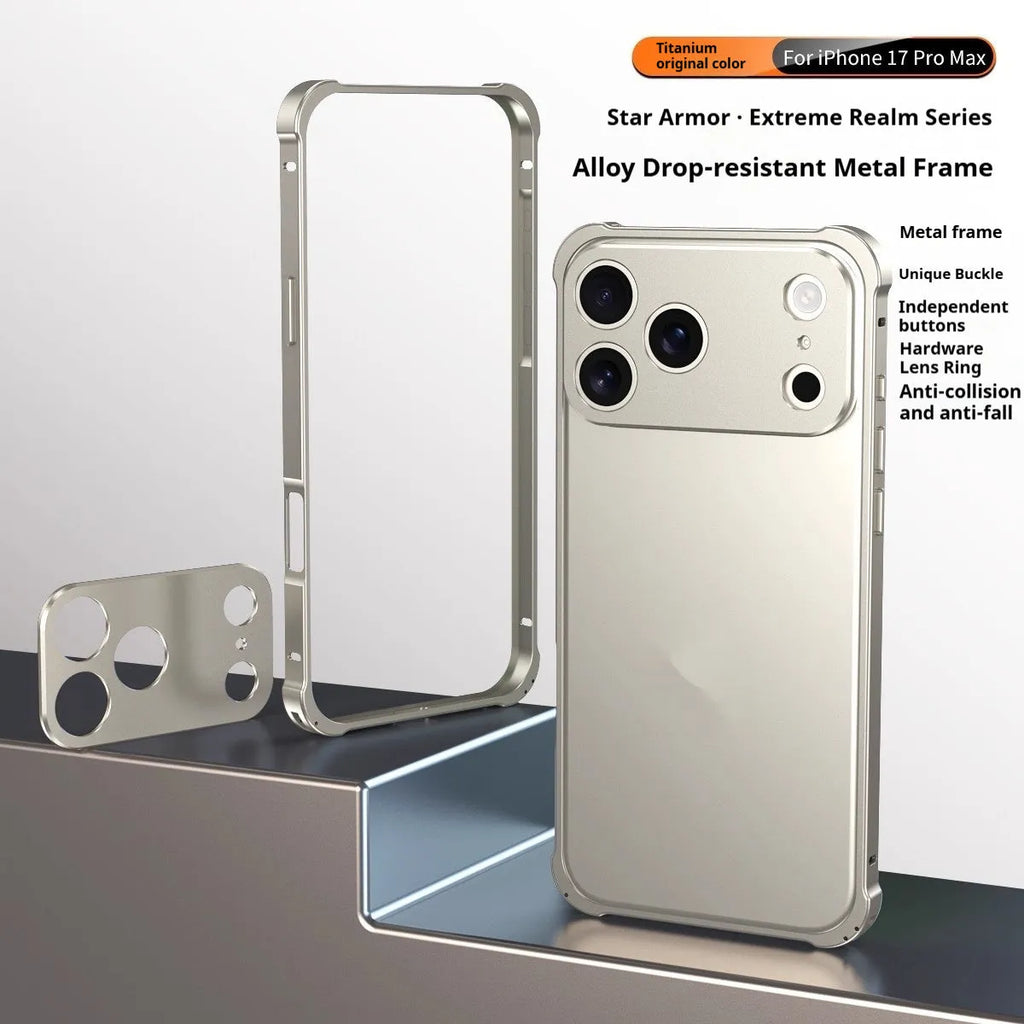 iPhone 17 mobile phone case with seahorse buckle and silver alloy metal frame on a black background.