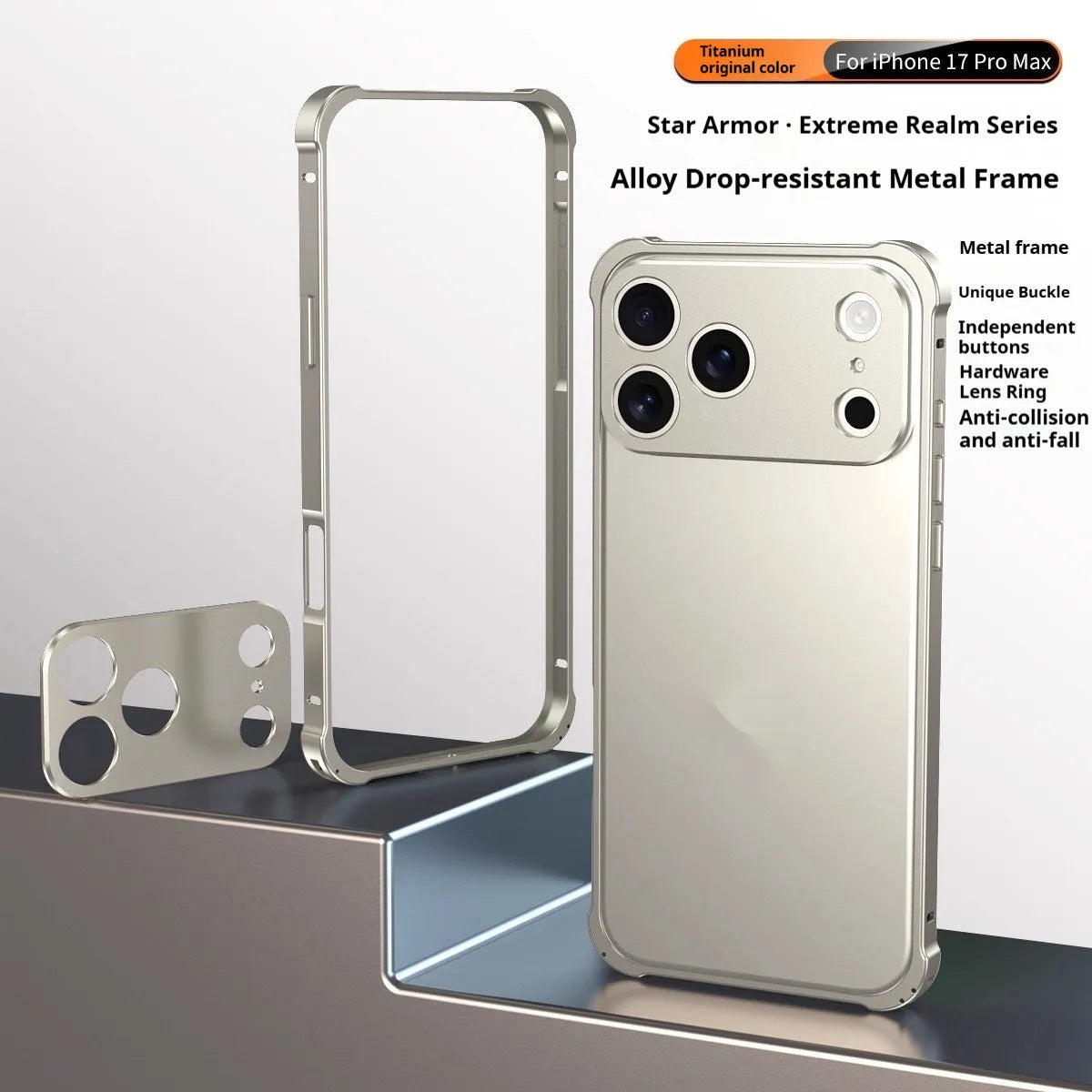 iPhone 17 mobile phone case with seahorse buckle and silver alloy metal frame on a black background.