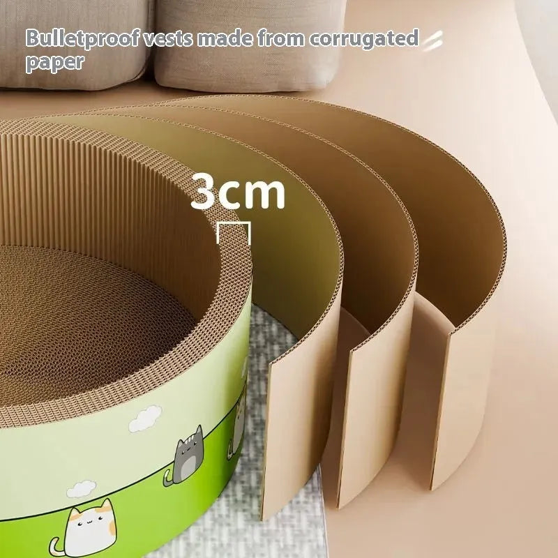 A large round corrugated cardboard cat scratch board with a deep, textured pit design on a wooden floor.