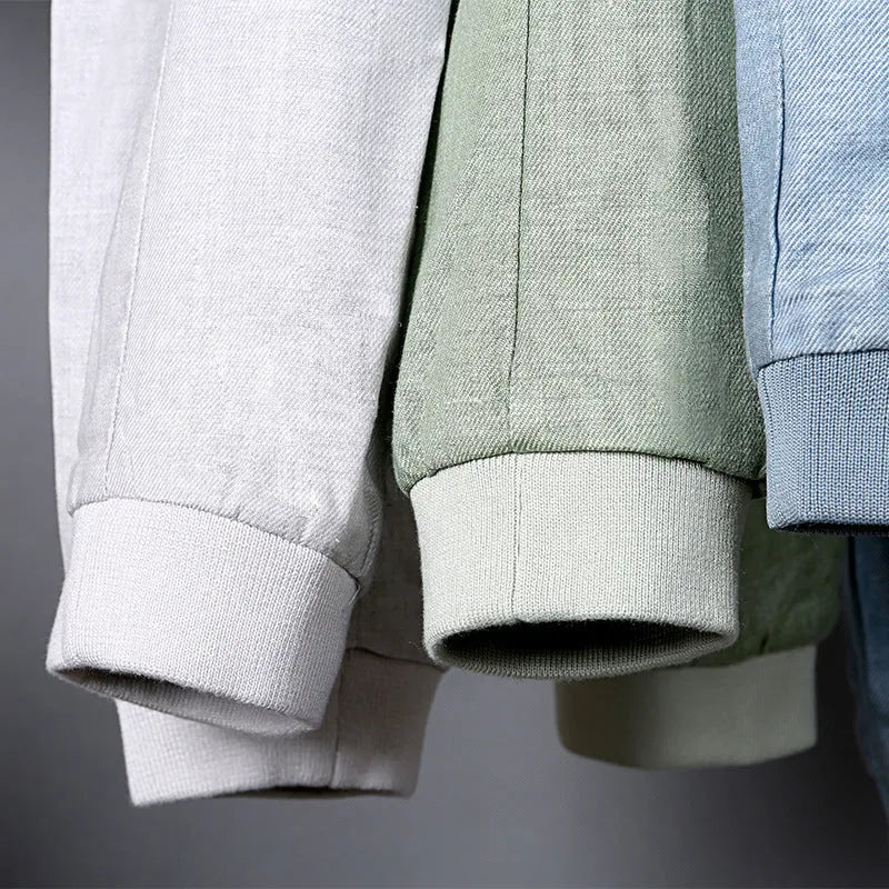 Men's thin linen blend casual jacket in regular fit, shown in heather grey, on a hanger.